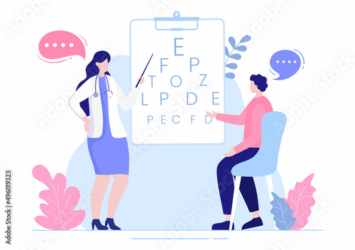 Ophthalmology of Checks Patient Sight, Optical Eyes Test, Spectacles Technology and Choosing Eyeglasses with Correction Lens in Flat Cartoon Illustration