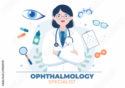 Ophthalmology of Checks Patient Sight, Optical Eyes Test, Spectacles Technology and Choosing Eyeglasses with Correction Lens in Flat Cartoon Illustration