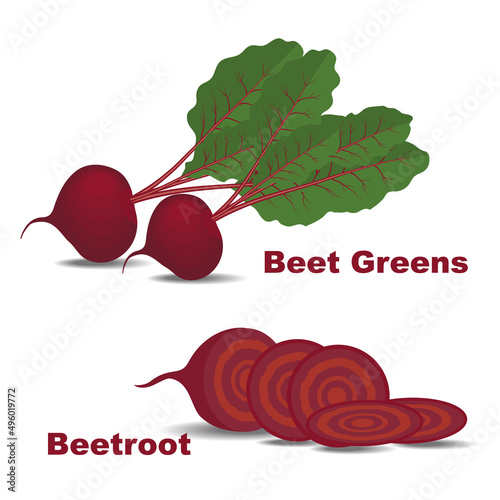 Sliced beetroot and beetroot greens on a white background