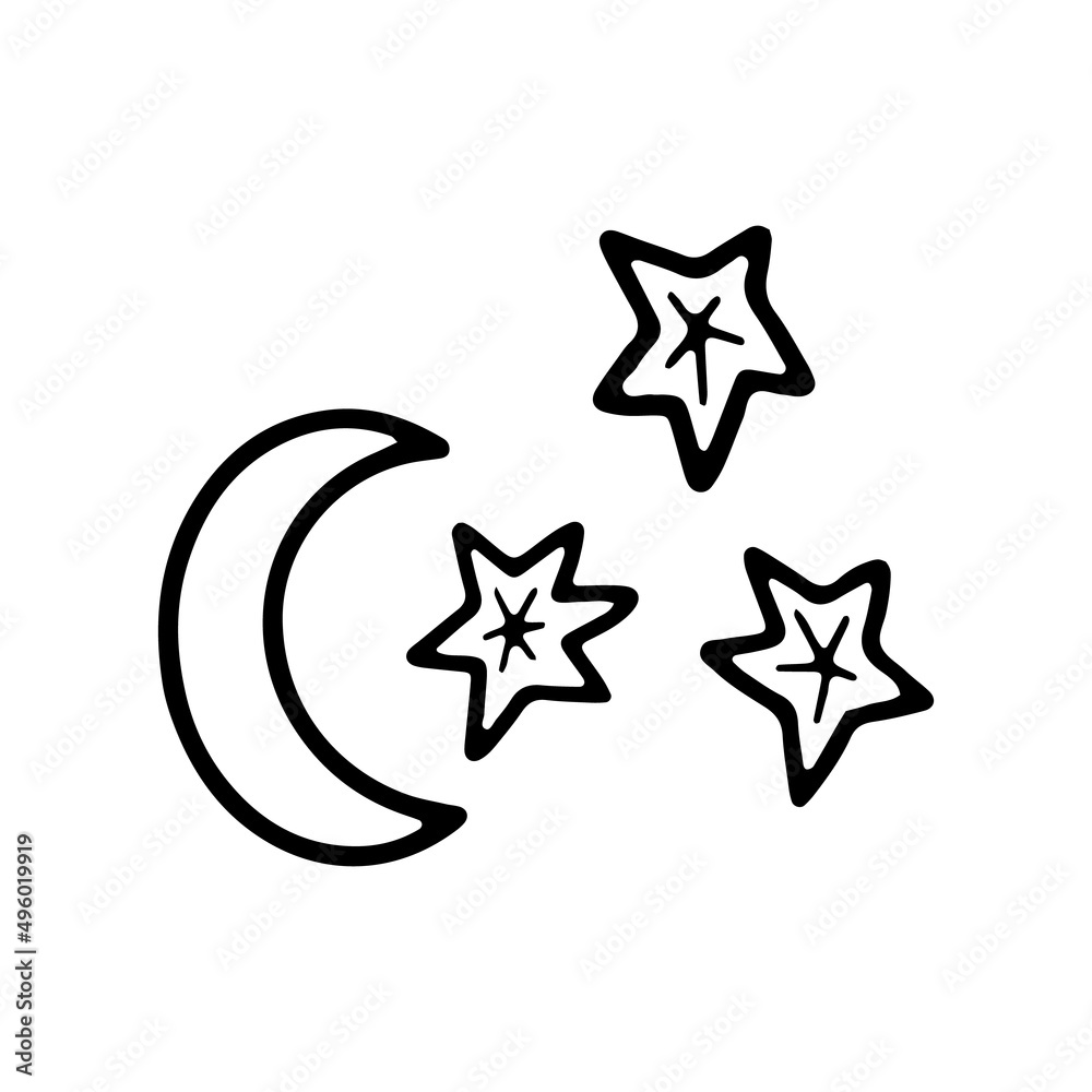 Cute month with stars in doodle style for any kind of design, children's illustration. Cute month with stars in doodle style for any kind of design, children's illustration.