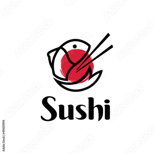 Seafood, japanese sushi logo design, fish stylish, chopstick and swoosh bowl japanese illustration