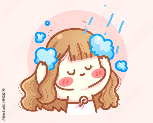 Cute girl wash hair hygiene and cleanliness beauty care hand drawn cartoon art illustration