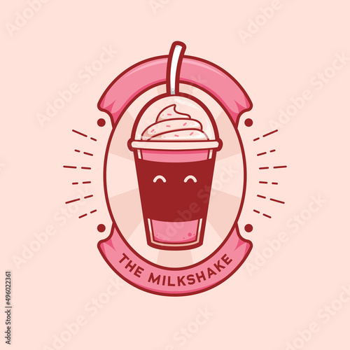 cute pink strawberry milkshake cup drink logo mascot cartoon badge