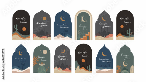 Collection of Ramadan Kareem greeting cards illustration design vector template. Ramadan Mubarak modern cards with retro boho style design, islamic frame, crescent, mosque, moon and desert.