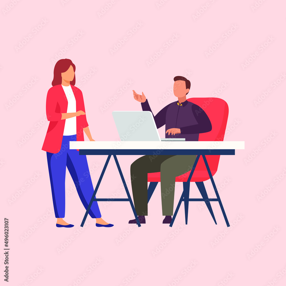 Manager discussing with female employee about business. Vector illustration. Manager discussing with female employee about business. Vector illustration.