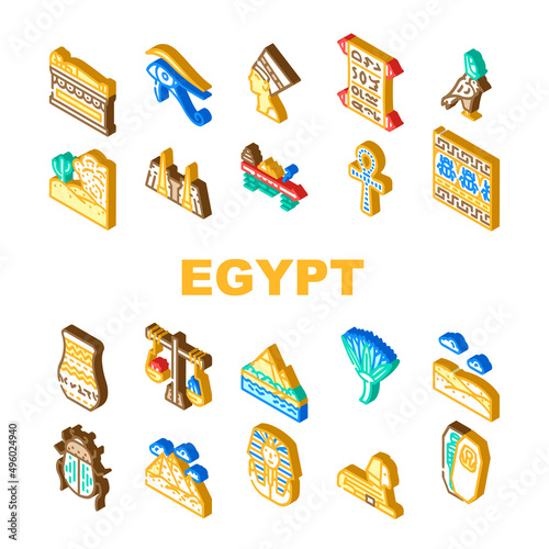 Egypt Civilization Landscape Icons Set Vector. Nefertiti Egypt Queen And Pharaoh Sarcophagus, Antique Vase And Ankh Ancient Decoration, Sahara Desert And Nile River Isometric Sign Color Illustrations