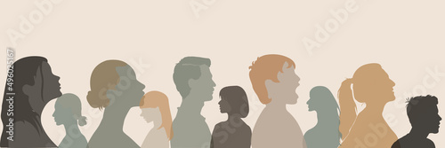 Silhouette of diversity people side. Group of multi-ethnic business co-workers and colleagues. Community of friends. Cooperation and collaboration. Teamwork partnership organization. Color
