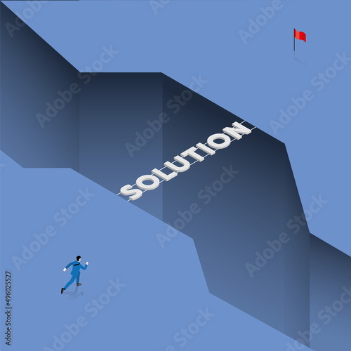 Businessman runs to a bridge text word, across an abyss, split land for a red flag goal. The business concept of idea, strategy, danger, objective, solution, challenge, planning, vision, motivation.