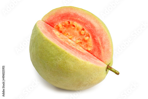 Fresh Organic Raw Thai Guava cut in piece showing red texture, isolated on white background with clipping path