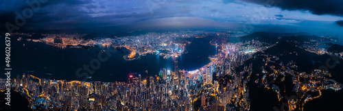 Photography Amazing night aerial view of cityscape of Victoria Harbour, center of Hong Kong
