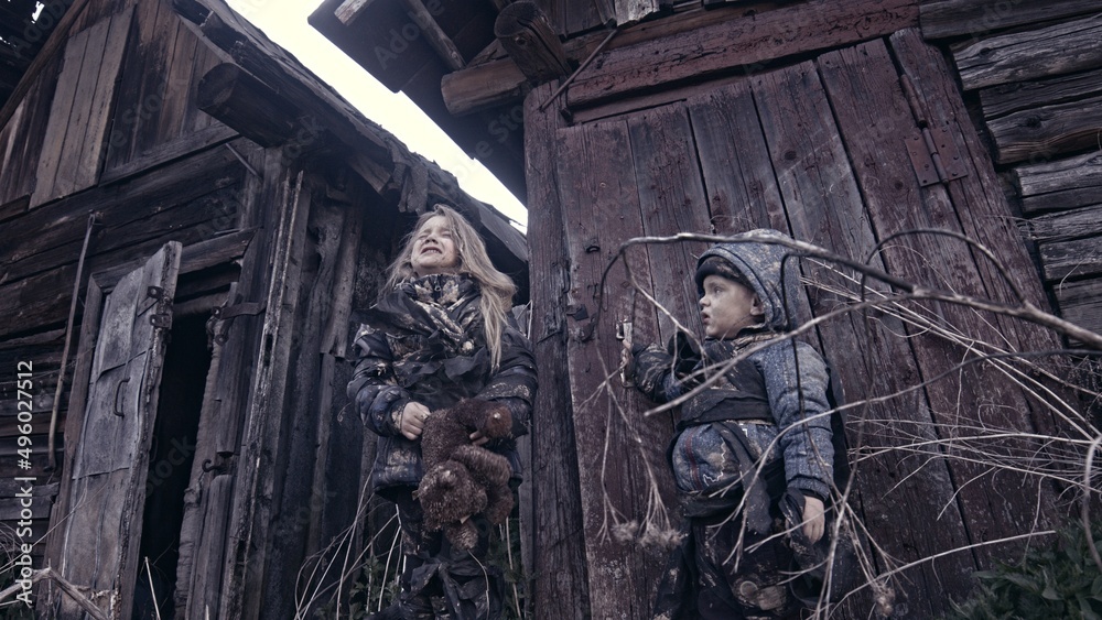 Fototapeta premium Children without a home, apocalypse, war