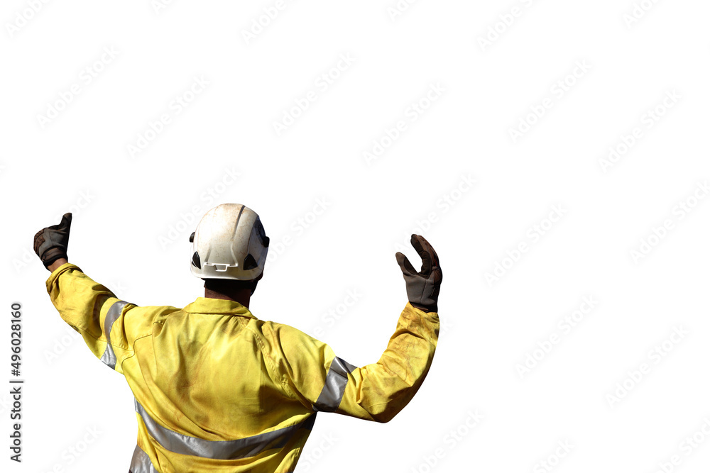 Rigger wearing a glove standing raising using a hand signal by moving finger slowly to directing communication with crane driver to move the boom up clipping path isolated white background Rigger wearing a glove standing raising using a hand signal by moving finger slowly to directing communication with crane driver to move the boom up clipping path isolated white background