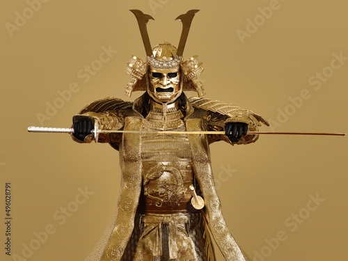 A samurai figure wearing gold armor and drawing a sword on dark background.