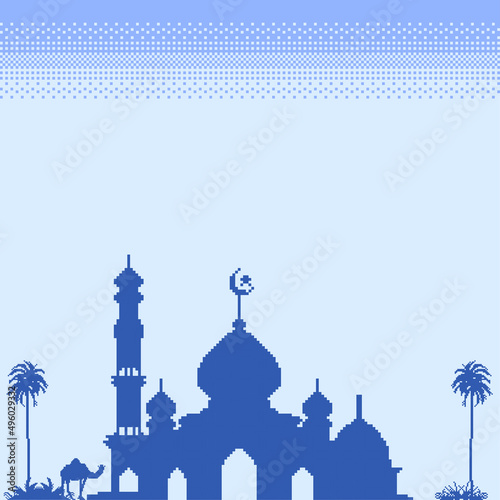 pixel art ramadan background with shadow mosque and beautiful sky full of stars