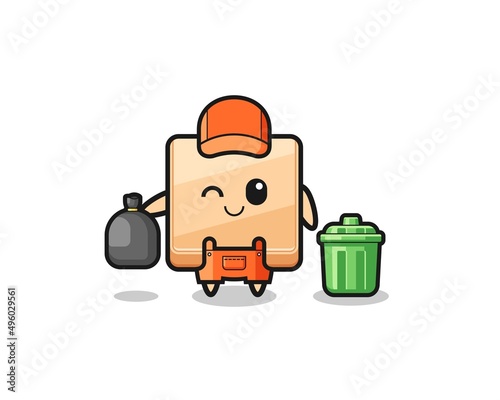 the mascot of cute pizza box as garbage collector