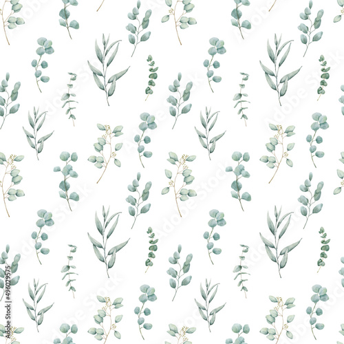 Watercolor cute floral Allover seamless pattern with eucalyptus branches. Spring colorful decor with hand drawn botanical illustrations leaves on white background