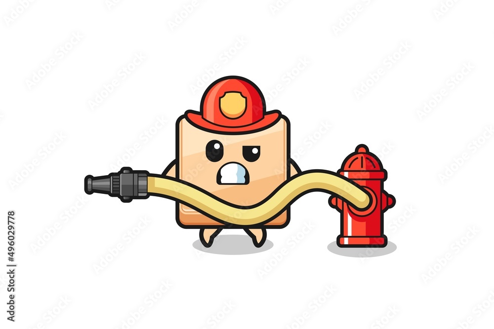 pizza box cartoon as firefighter mascot with water hose