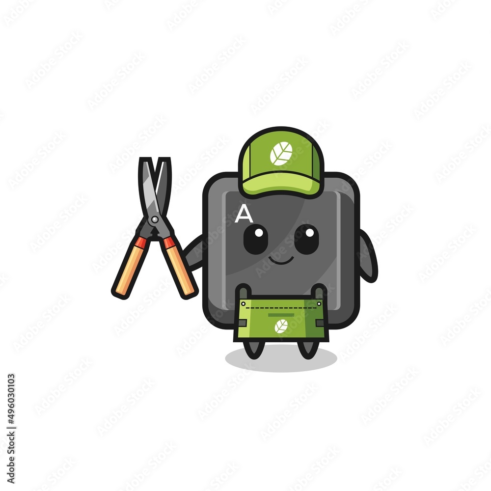 cute keyboard button as gardener mascot cute keyboard button as gardener mascot