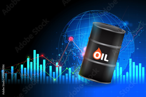 oil barrels with a growth chart in the investment market and trade arrows up and map world representing the global network line wire frame data business vector illustration