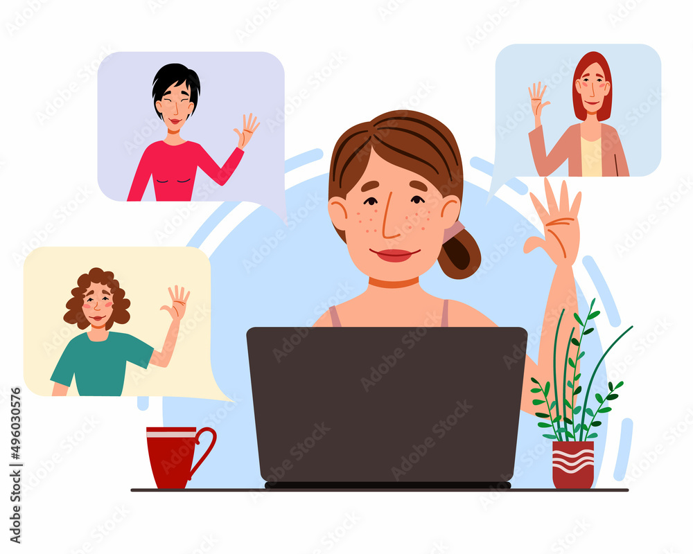 Illustration of a virtual meeting with different people who say hello. The concept of an online meeting with young men and women.