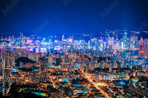 panorama epic view of Hong Kong Night  from Kowloon to Hong Kong Island. metropolis in Asia
