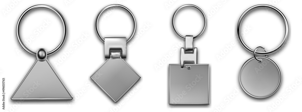 Metal keyring different forms, leather keychain, holder trinket for key with metal ring. Silver colored accessories. Realistic template metal keychain set. Blank accessory for corporate identity.