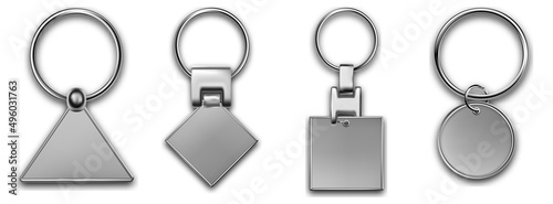 Metal keyring different forms, leather keychain, holder trinket for key with metal ring. Silver colored accessories. Realistic template metal keychain set. Blank accessory for corporate identity.
