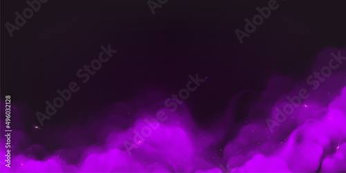 Purple powder clouds texture. Abstract effect of color mist or smog with glitter particles. Vector realistic illustration of violet steam, magic dust splash with sparkles on black background