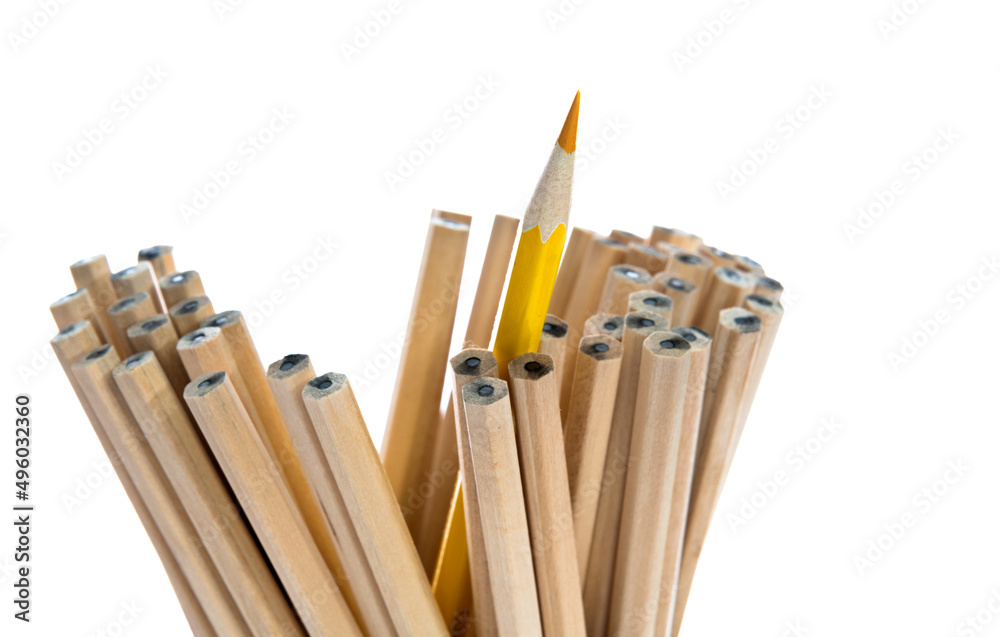 One yellow pencil standing out from the brown pencils One yellow pencil standing out from the brown pencils
