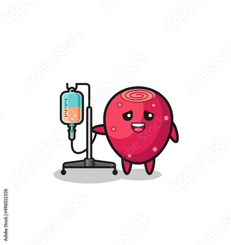 cute prickly pear character standing with infusion pole