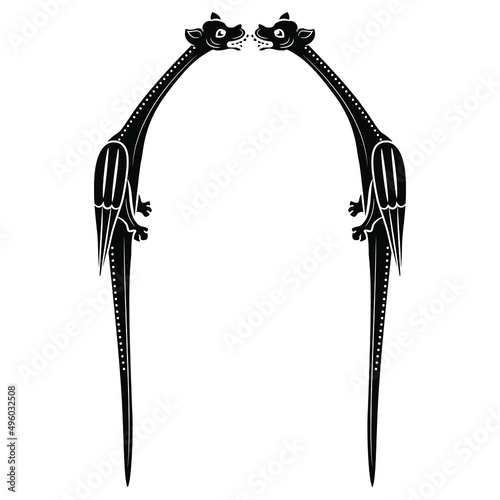 Symmetrical design or frame with two medieval winged dragons. Gothic illuminated manuscript design. Fantastic animal. Isolated vector illustration. Black and white negative silhouette.