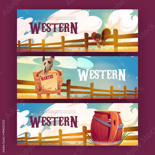 Western cartoon banners. Wanted sign with animal skull, horse saddle hang on ranch wooden fence and eye look from within wood barrel at wild west desert landscape background, Vector illustration