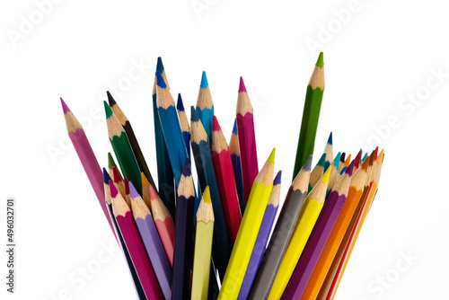 A bunch of colorful pencils on white background