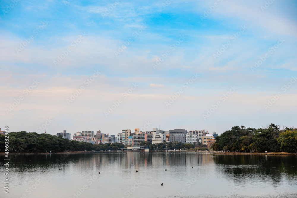 Fototapeta premium Lake of Ohori Park, Tourist landmark of Fukuoka, Kyushu, Japan