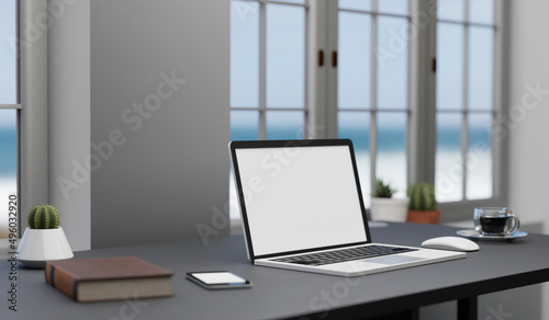laptop blank screen on table at home. 3d rendering © Songsak C