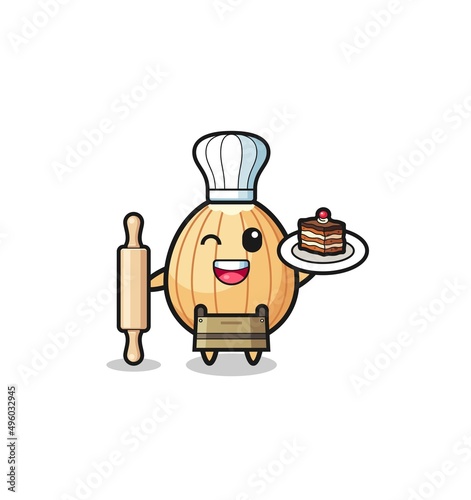 almond as pastry chef mascot hold rolling pin