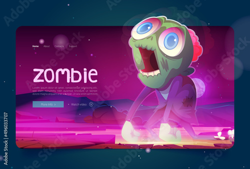 Zombie banner with scary monster, green undead character. Vector landing page with cartoon illustration of creepy dead man with brain and dangling arms walking on river coast at night