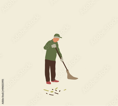 Man sweeping dry autumn foliage at roadside in village street outdoor. Vector illustration