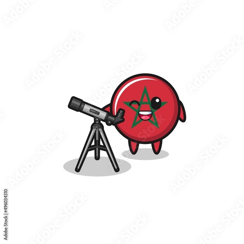 morocco flag astronomer mascot with a modern telescope