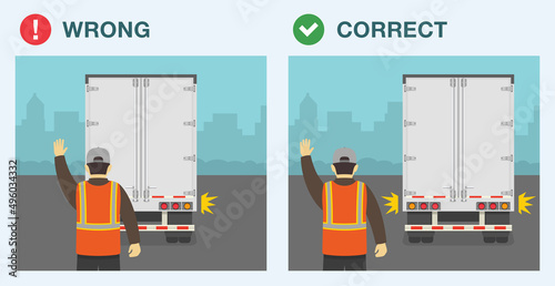 Safe heavy vehicle driving and traffic regulation rules. Back view of a reversing semi-trailer. Correct and wrong position of a banksman or spotter. Flat vector illustration template.