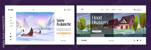 Banners of flood disaster and snow avalanche. Nature accidents, environment cataclysms landing pages. Vector cartoon illustrations of mountain with snowslide and inundation in city