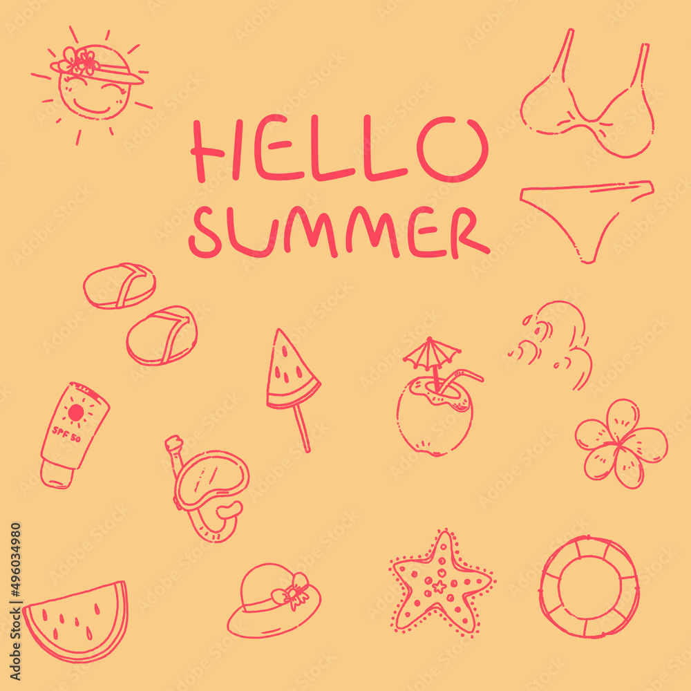 Hand drawn Hello Summer Element - Doodle Vector Illustration Set Hand drawn Hello Summer Element - Doodle Vector Illustration Set
