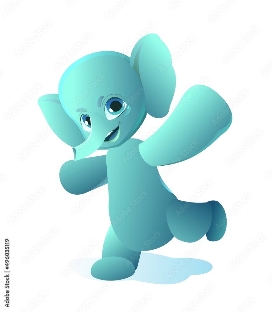 Little elephant running. Cartoon person stands and smiles. Fun style. Child animal. Pet kid. Isolated on white background. Vector Little elephant running. Cartoon person stands and smiles. Fun style. Child animal. Pet kid. Isolated on white background. Vector