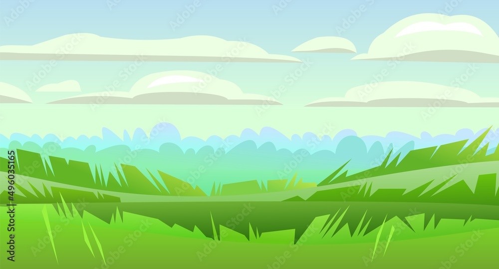 Meadow close up in cartoon design. Rural landscape. Horizontal village nature illustration. Cute view. Flat style. Vector