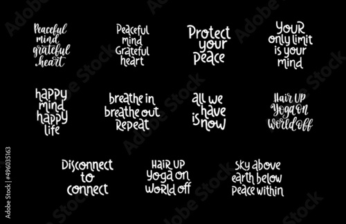 Yoga lettering set. Hand drawn trendy style lettering. Inspirational, motivational quotes about yoga and wellness.