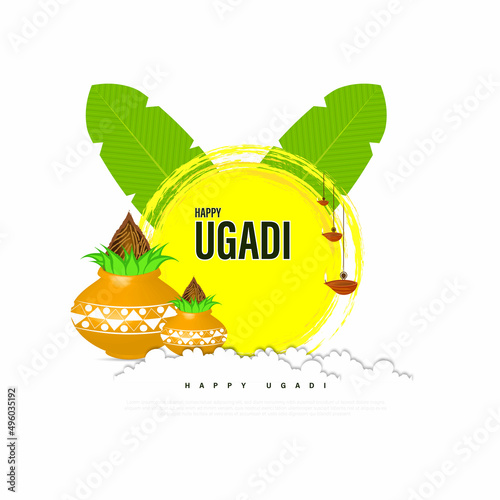 Ugadi traditional festival holiday Greeting Card Background With Kalash photo