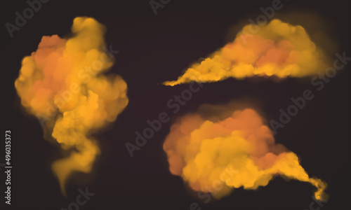 Orange smoke clouds, color dust or powder splashes isolated on black background. Vector realistic set of bright mist flows, streams of fume or paint powder
