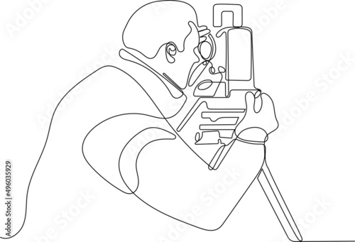 Surveyor with a tripod icon. man in helmet and a geodesic tripod. linear illustration. Vector illustration