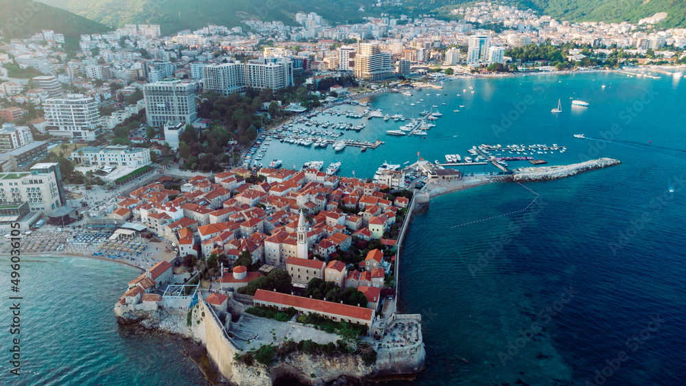 Old town in Budva on a beautiful summer day, Montenegro. Air image. View from above.