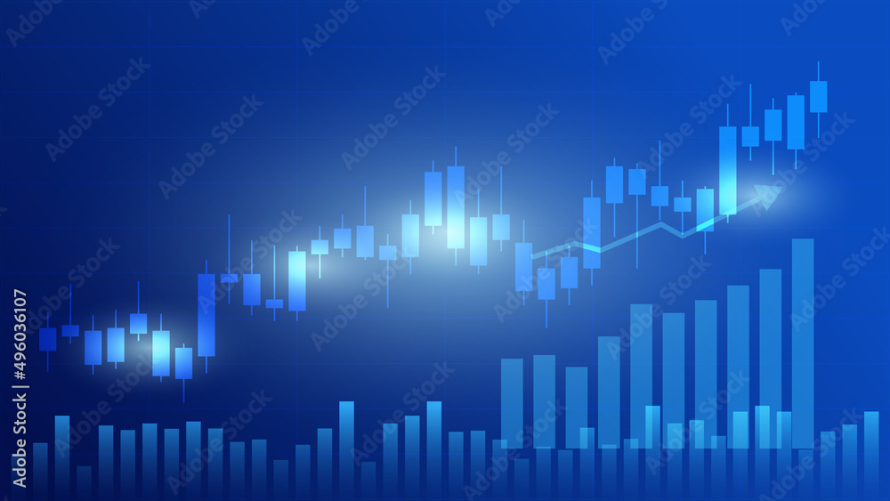 Financial business statistics with bar graph and candlestick chart show stock market price and effective earning on blue background Financial business statistics with bar graph and candlestick chart show stock market price and effective earning on blue background